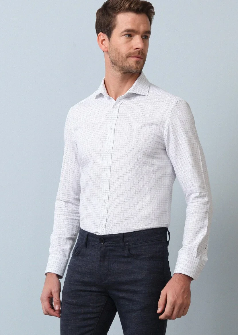 Lacivert Kareli Slim Fit Dokuma Klasik %100 Pamuk Gömlek - 2
