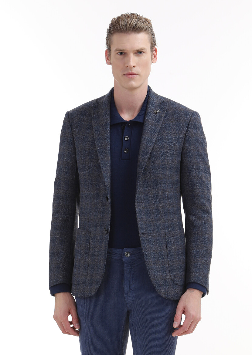 Lacivert Kareli Zeroweight Slim Fit %100 Yün Ceket - 2