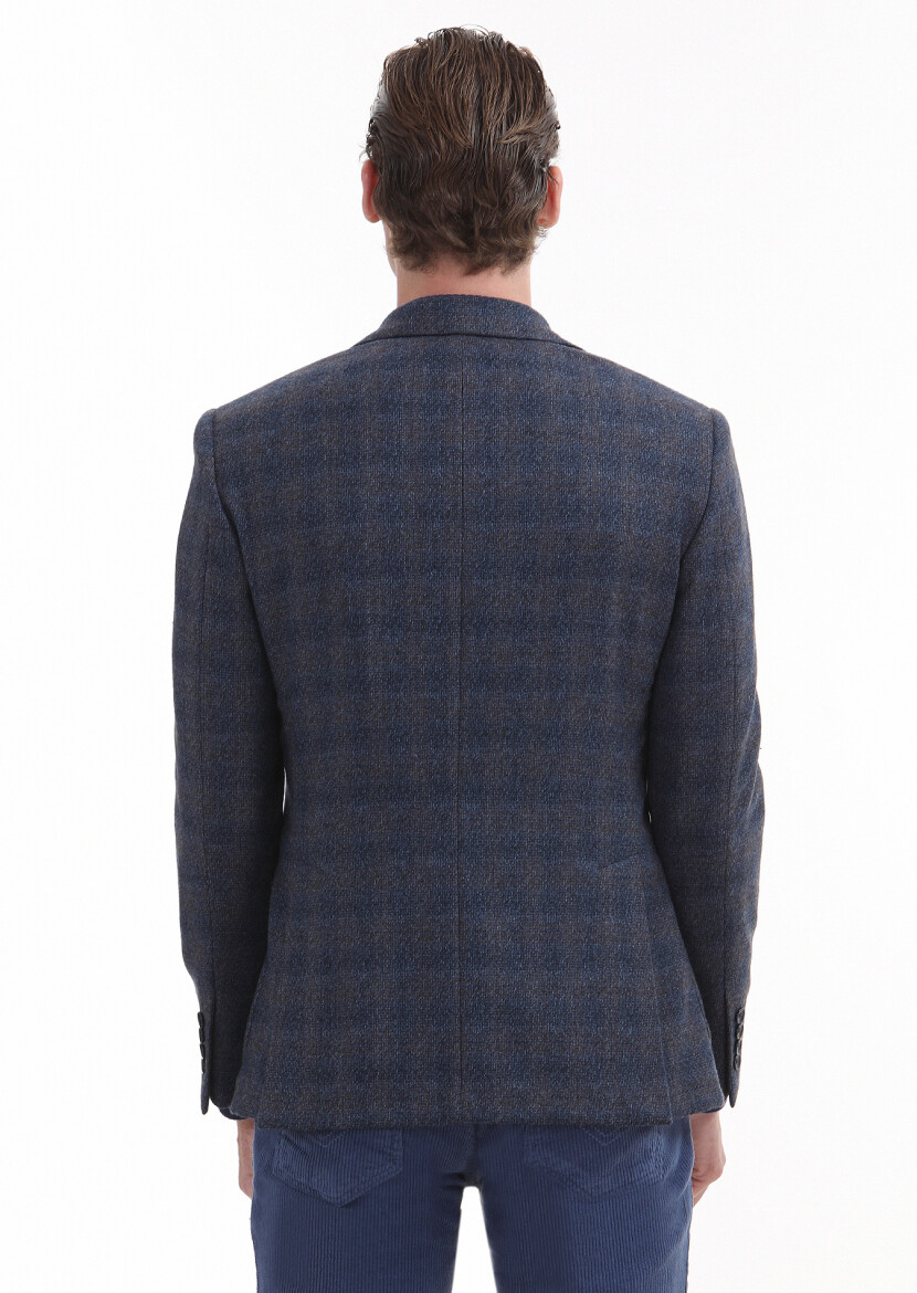 Lacivert Kareli Zeroweight Slim Fit %100 Yün Ceket - 4