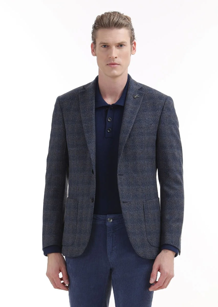 Lacivert Kareli Zeroweight Slim Fit %100 Yün Ceket - 3