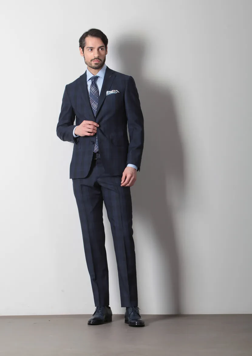 Lacivert Kareli Zeroweight Slim Fit %100 Yün Takım Elbise - 1