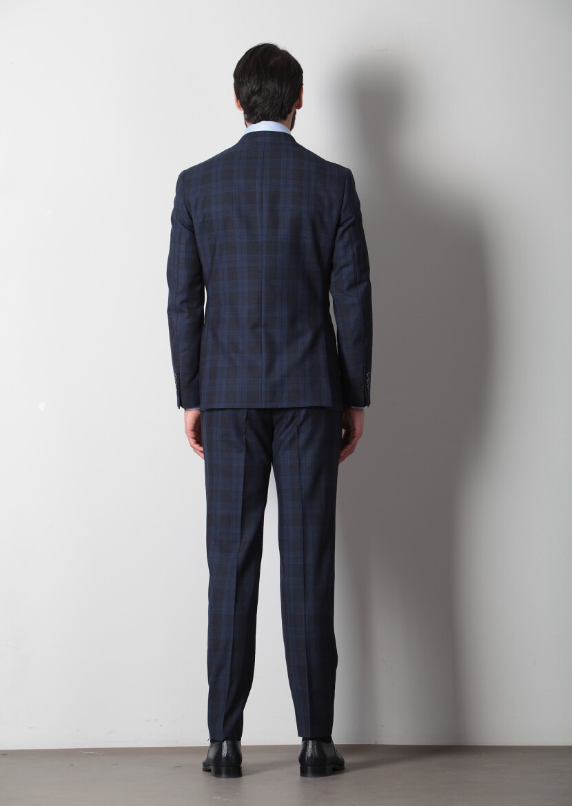 Lacivert Kareli Zeroweight Slim Fit %100 Yün Takım Elbise - 4