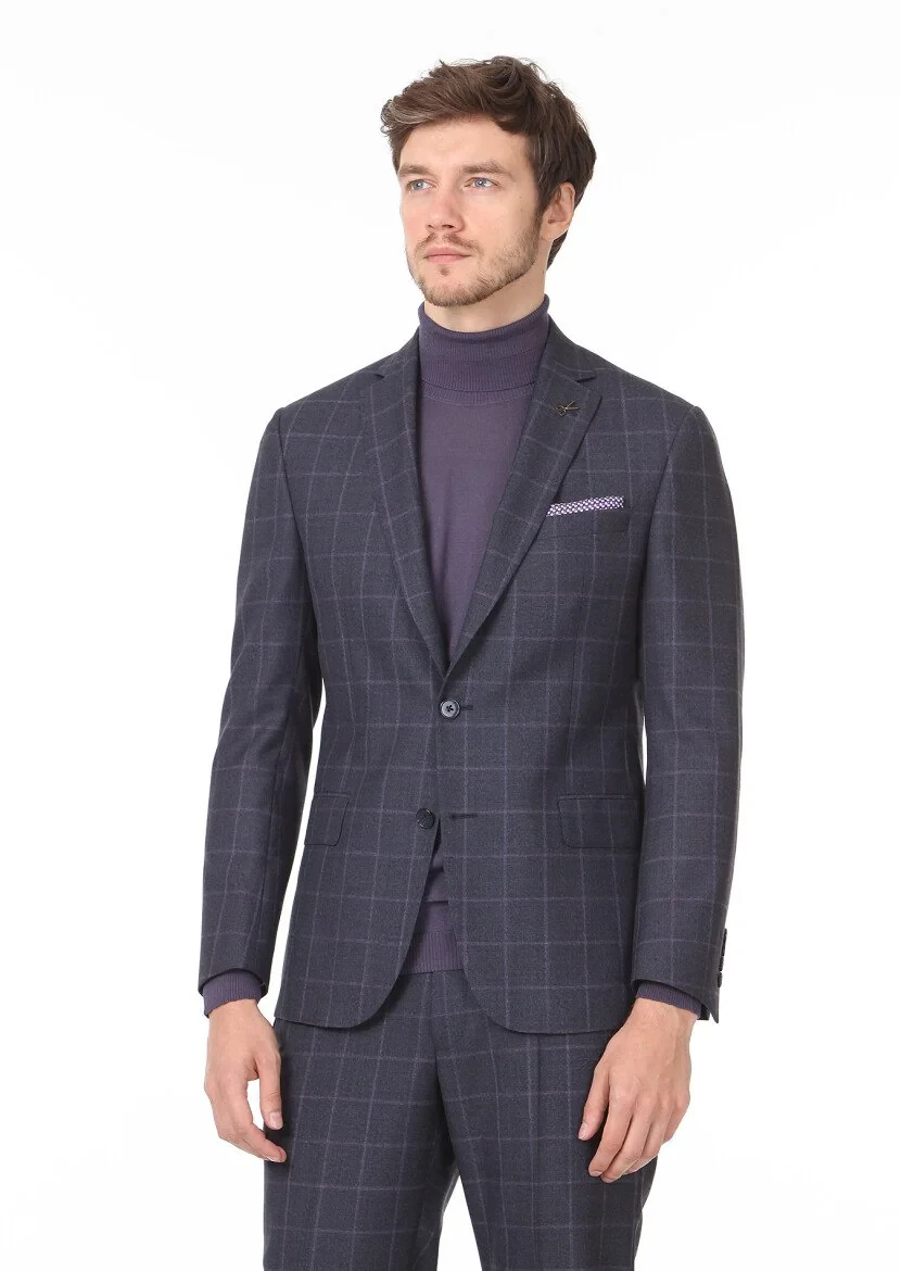 Lacivert Kareli Zeroweight Slim Fit %100 Yün Takım Elbise - 1