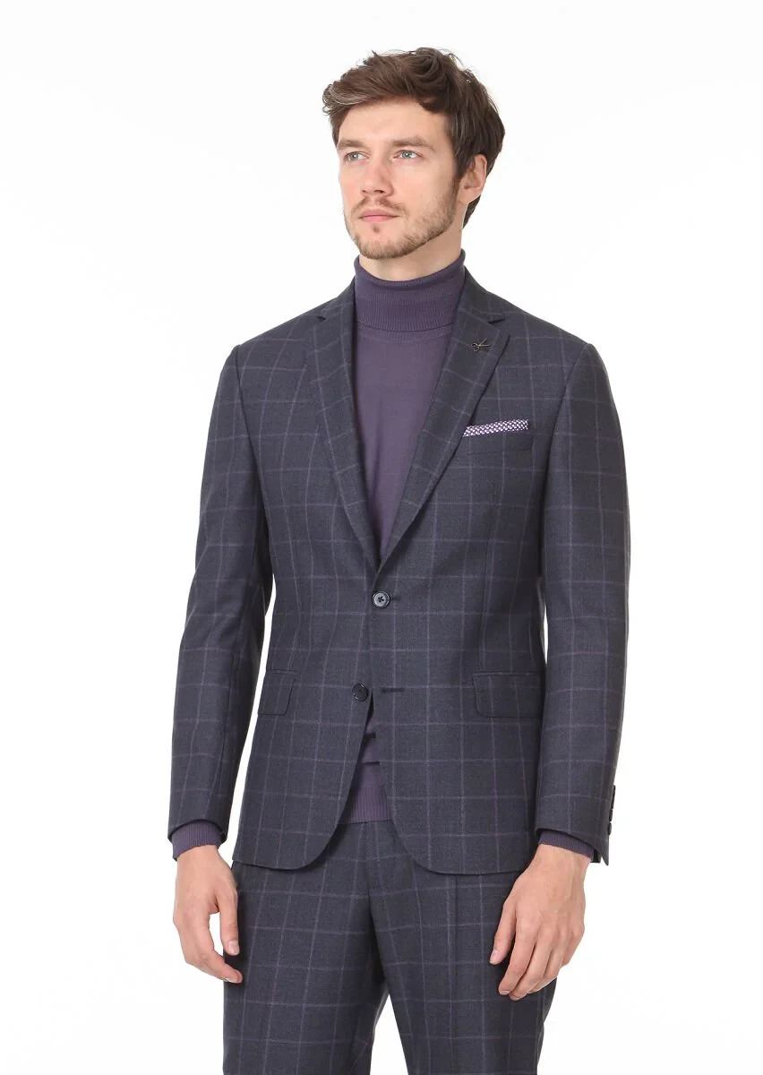 Lacivert Kareli Zeroweight Slim Fit %100 Yün Takım Elbise - 1