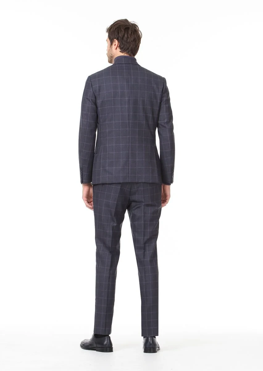 Lacivert Kareli Zeroweight Slim Fit %100 Yün Takım Elbise - 4