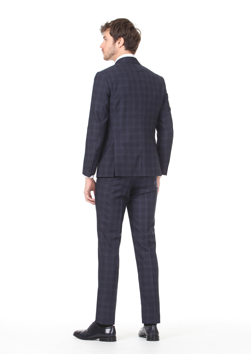 Lacivert Kareli Zeroweight Slim Fit %100 Yün Takım Elbise - 4