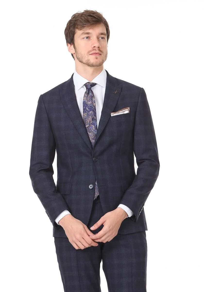 Lacivert Kareli Zeroweight Slim Fit %100 Yün Takım Elbise - 1
