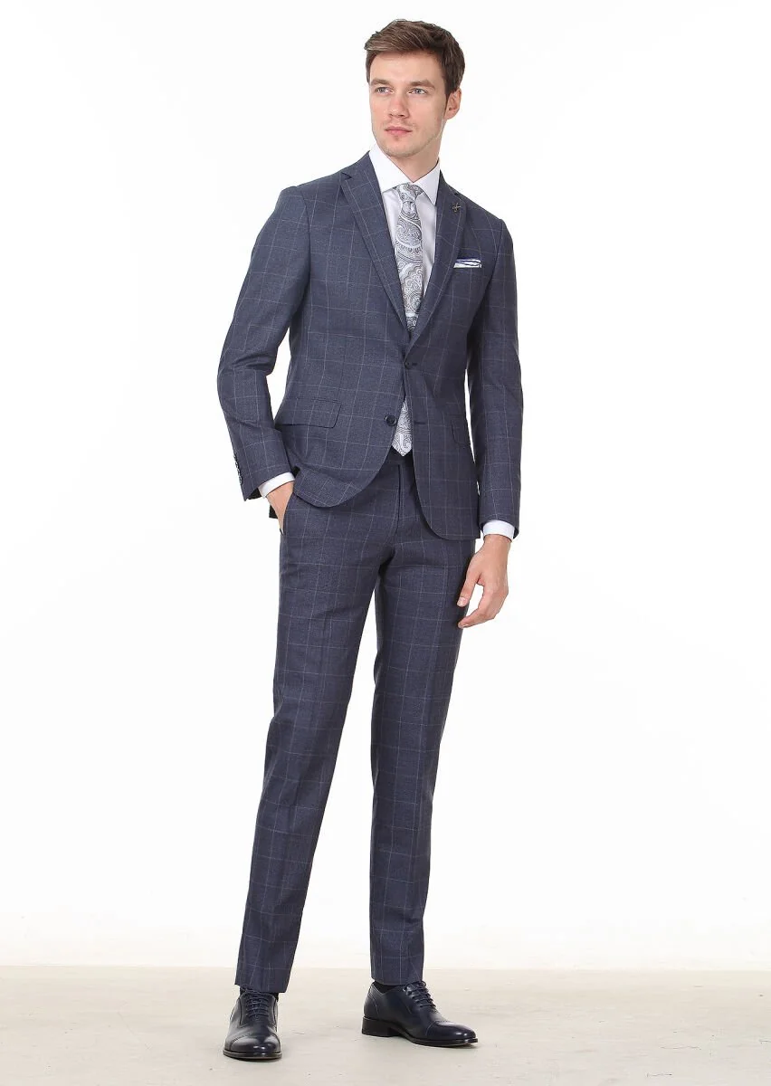 Lacivert Kareli Zeroweight Slim Fit %100 Yün Takım Elbise - 1