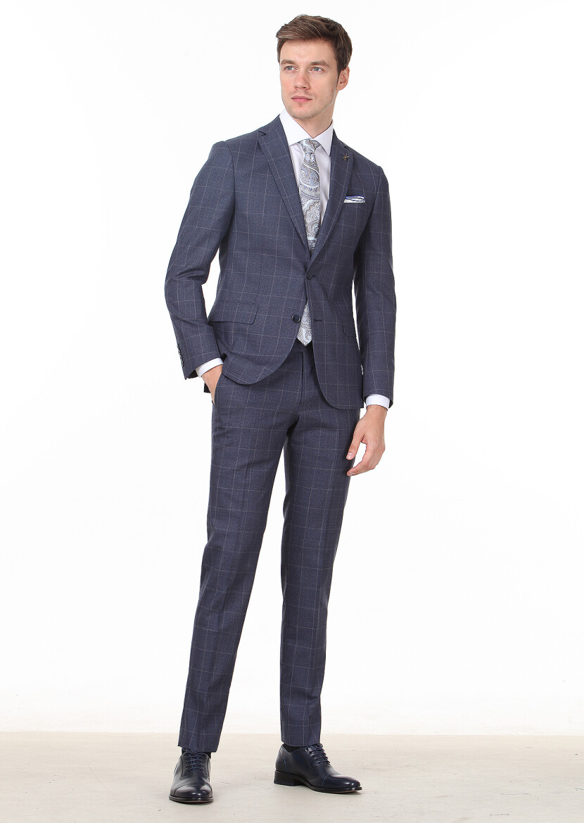 Lacivert Kareli Zeroweight Slim Fit %100 Yün Takım Elbise 
