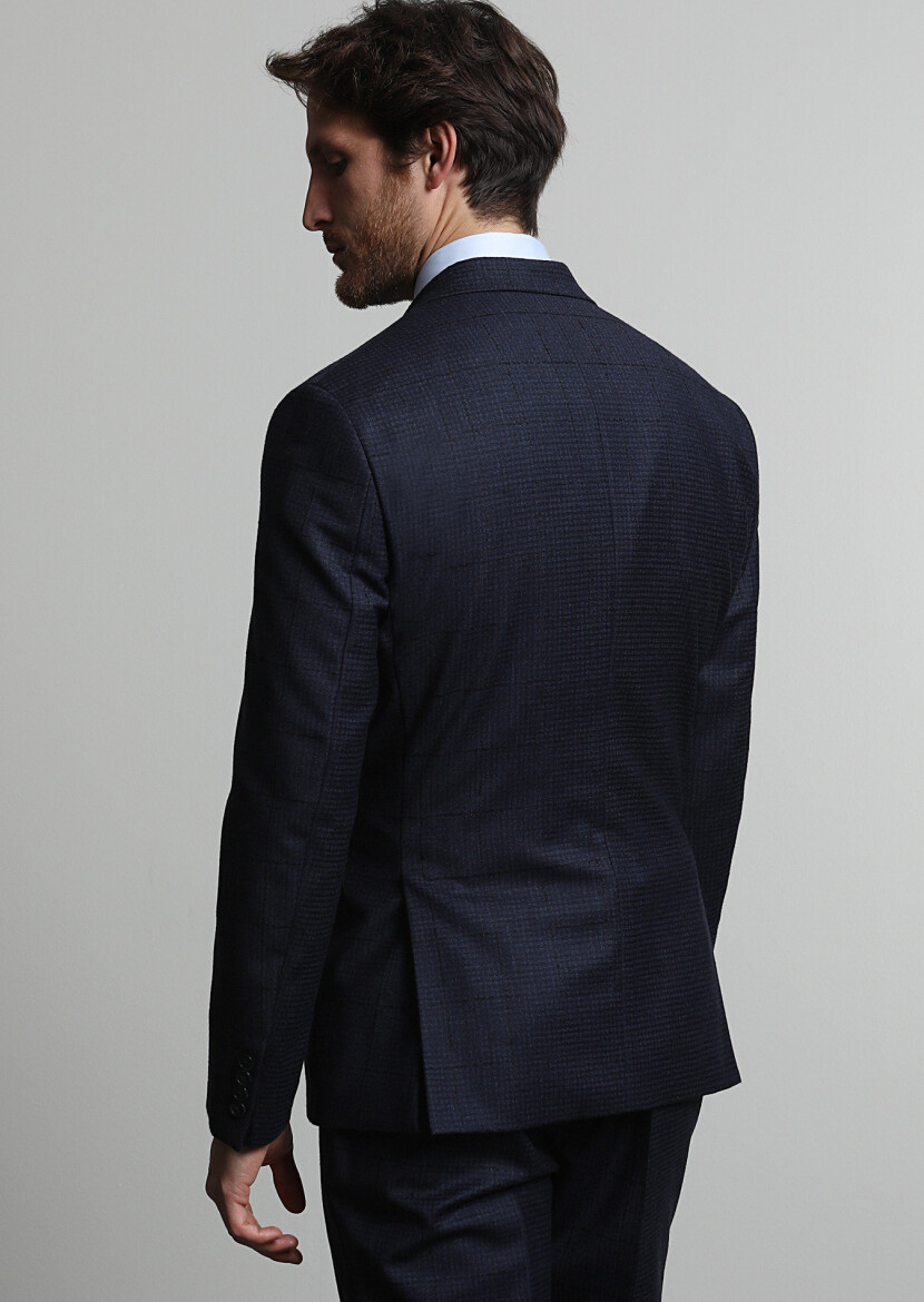 Lacivert Kareli Zeroweight Slim Fit %100 Yün Takım Elbise - 3