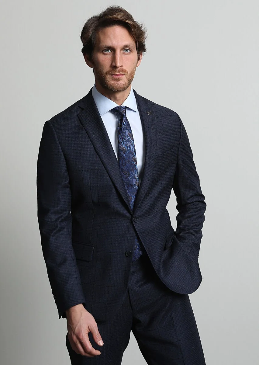 Lacivert Kareli Zeroweight Slim Fit %100 Yün Takım Elbise - 3