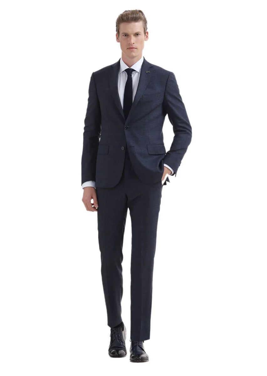 Lacivert Kareli Zeroweight Slim Fit %100 Yün Takım Elbise - 1