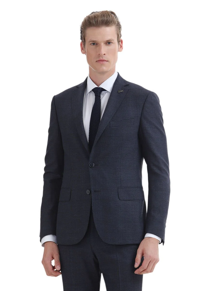 Lacivert Kareli Zeroweight Slim Fit %100 Yün Takım Elbise - 2