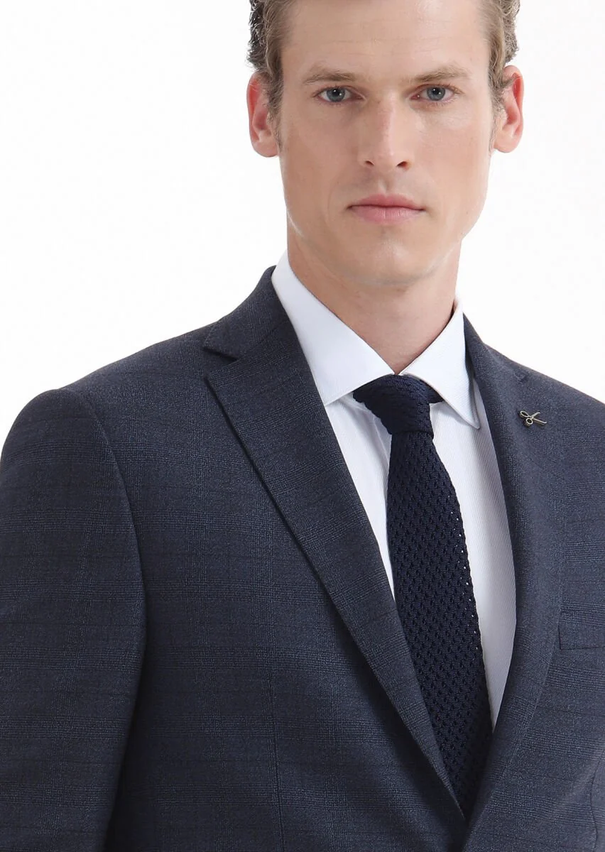 Lacivert Kareli Zeroweight Slim Fit %100 Yün Takım Elbise - 3
