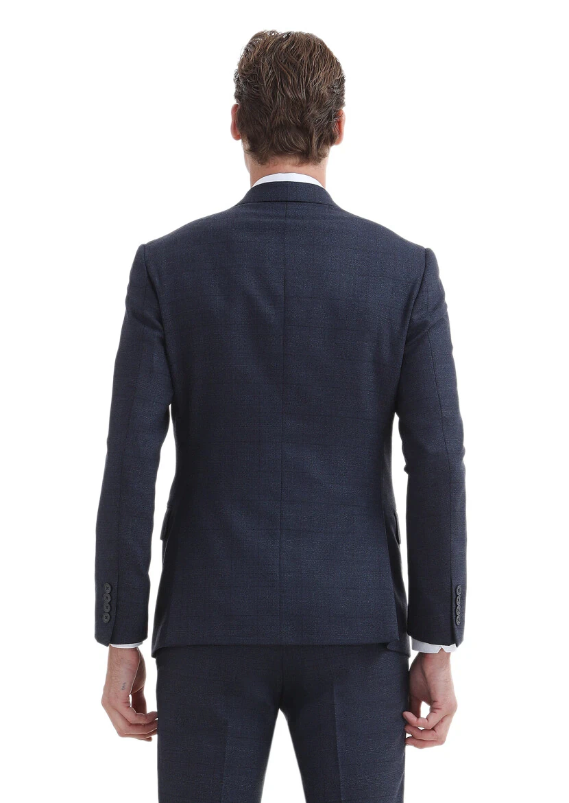 Lacivert Kareli Zeroweight Slim Fit %100 Yün Takım Elbise - 5