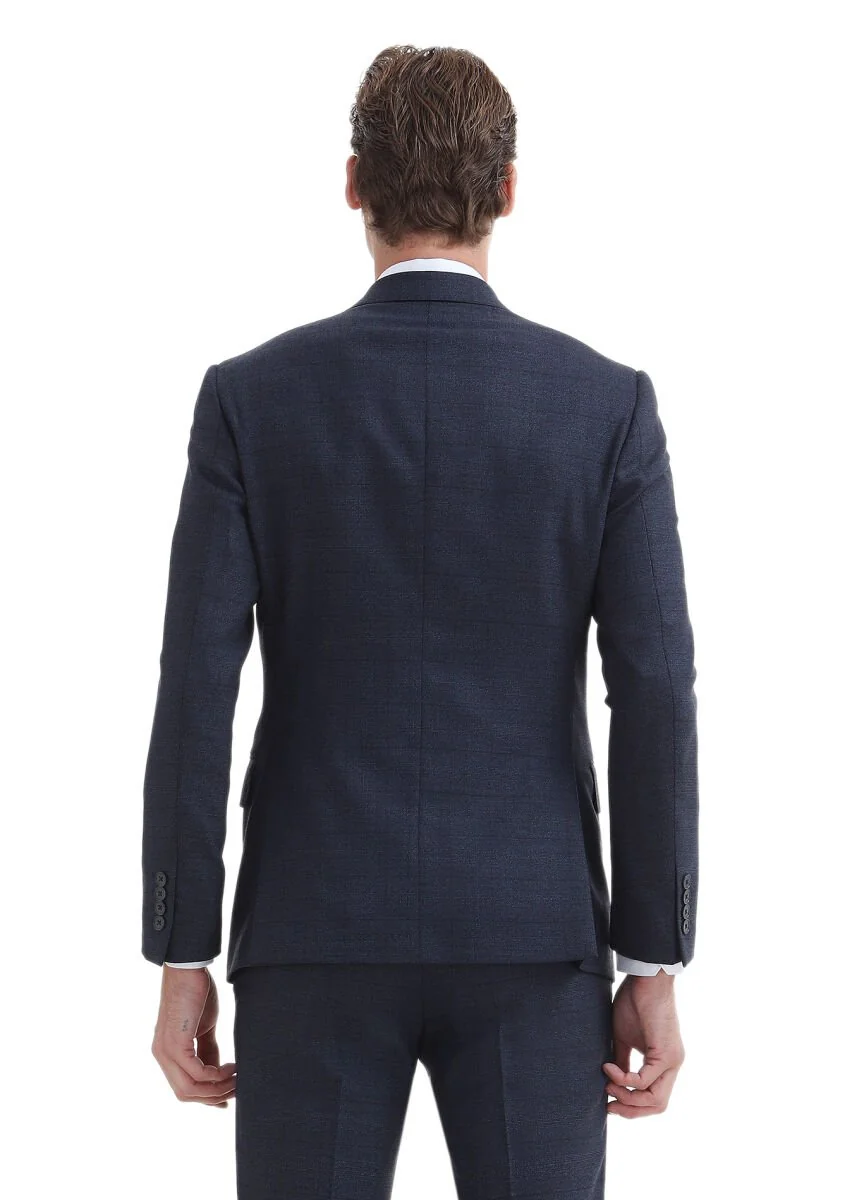 Lacivert Kareli Zeroweight Slim Fit %100 Yün Takım Elbise - 5