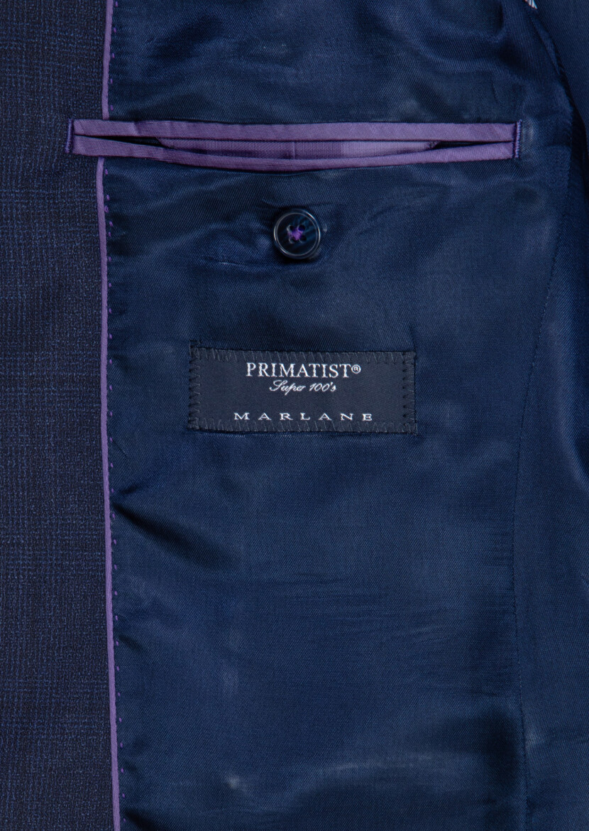 Lacivert Kareli Zeroweight Slim Fit %100 Yün Takım Elbise - 8