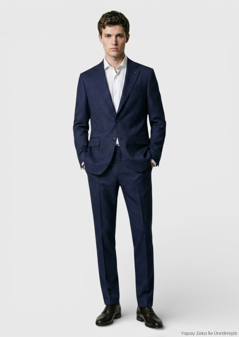Lacivert Kareli Zeroweight Slim Fit %100 Yün Takım Elbise - RAMSEY
