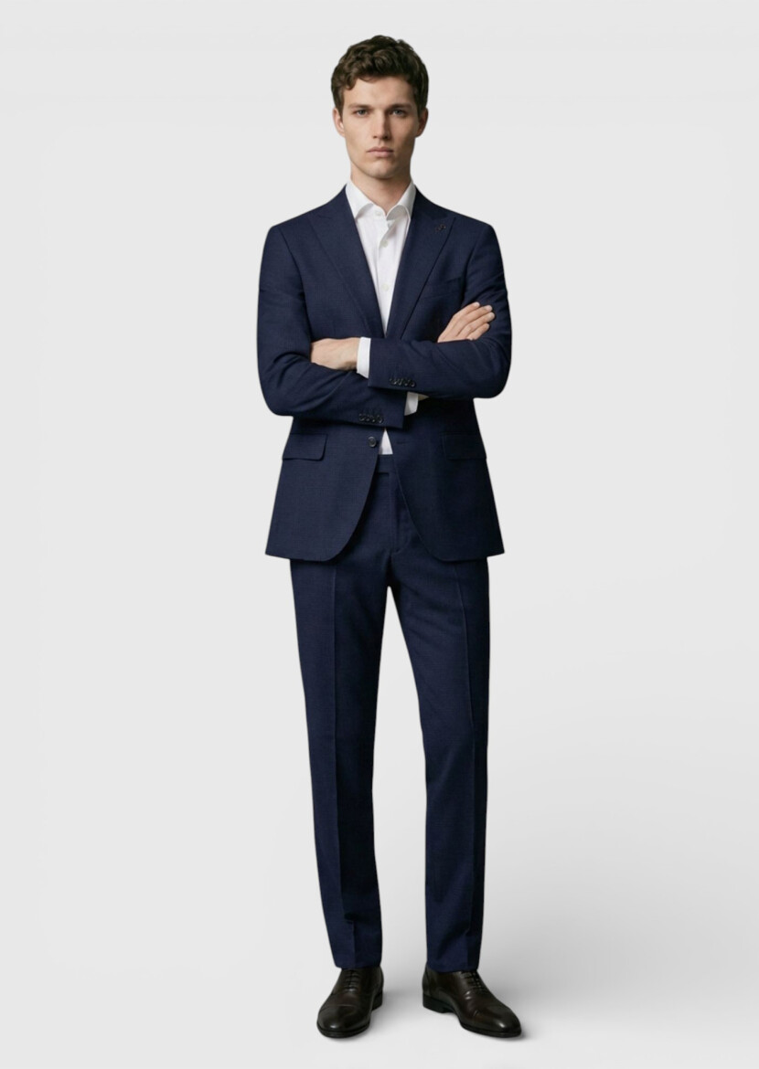 Lacivert Kareli Zeroweight Slim Fit %100 Yün Takım Elbise - RAMSEY