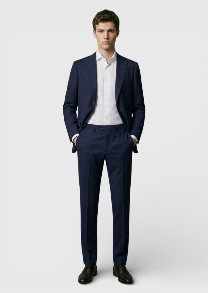 Lacivert Kareli Zeroweight Slim Fit %100 Yün Takım Elbise - 3