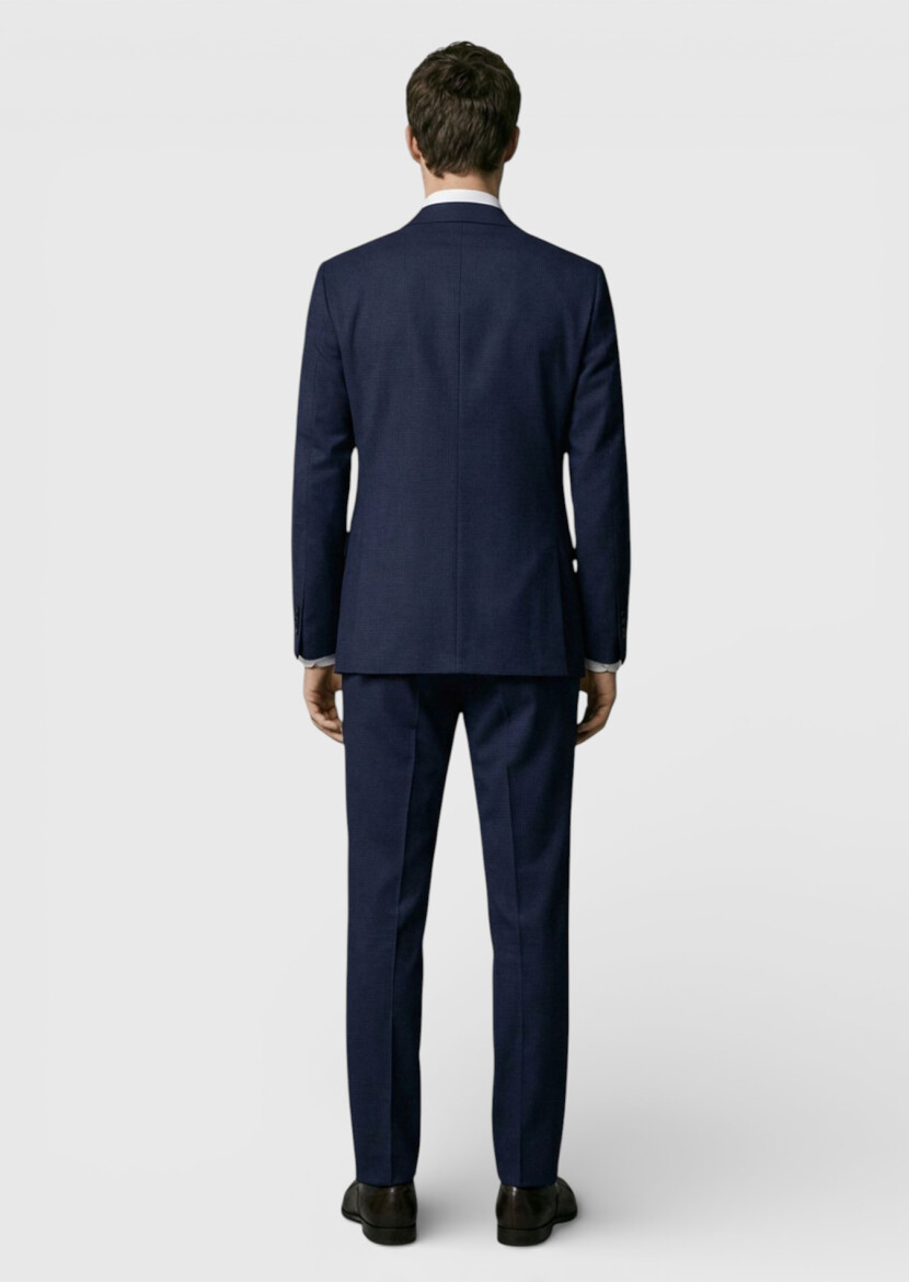 Lacivert Kareli Zeroweight Slim Fit %100 Yün Takım Elbise - 4