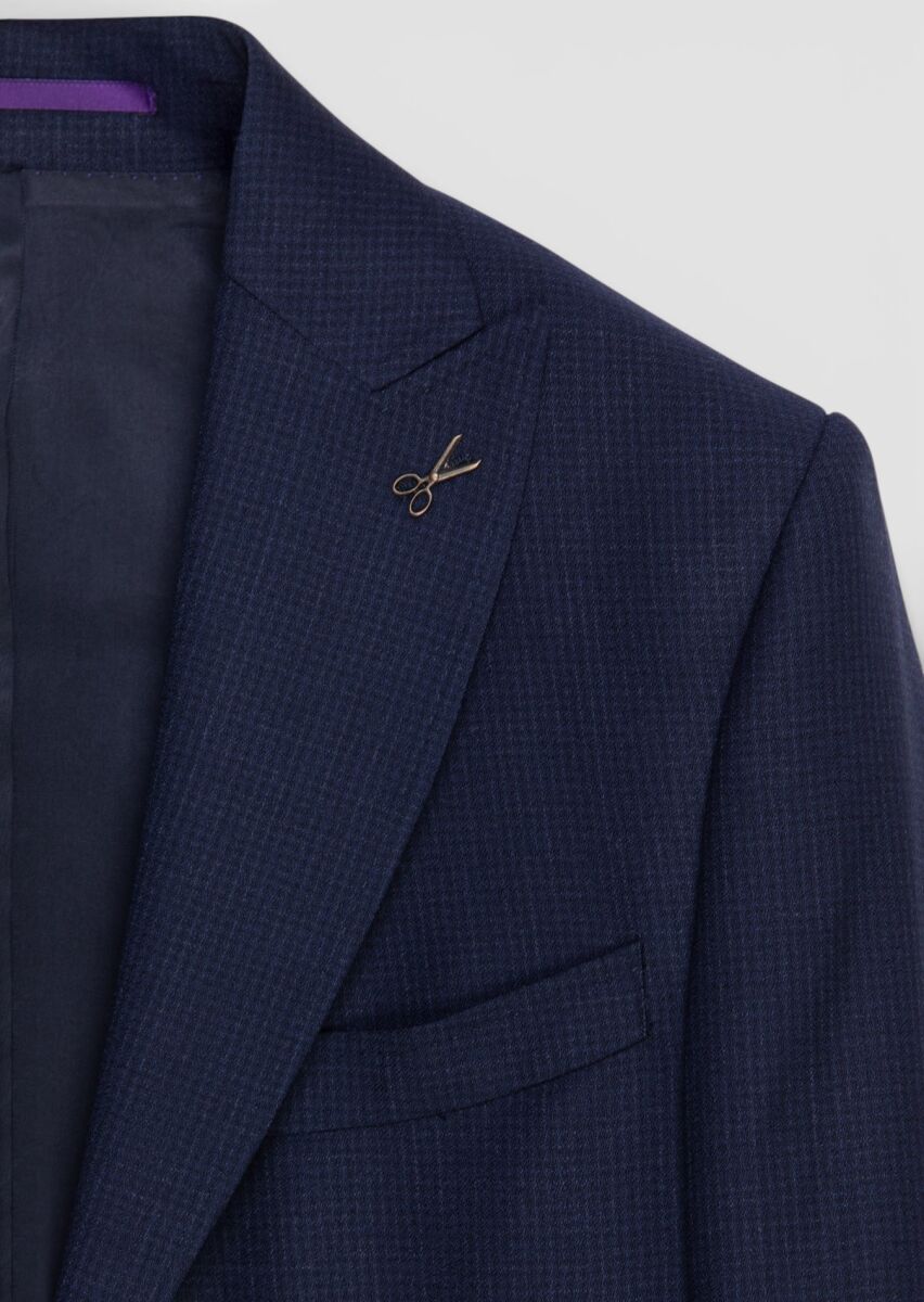 Lacivert Kareli Zeroweight Slim Fit %100 Yün Takım Elbise - 6