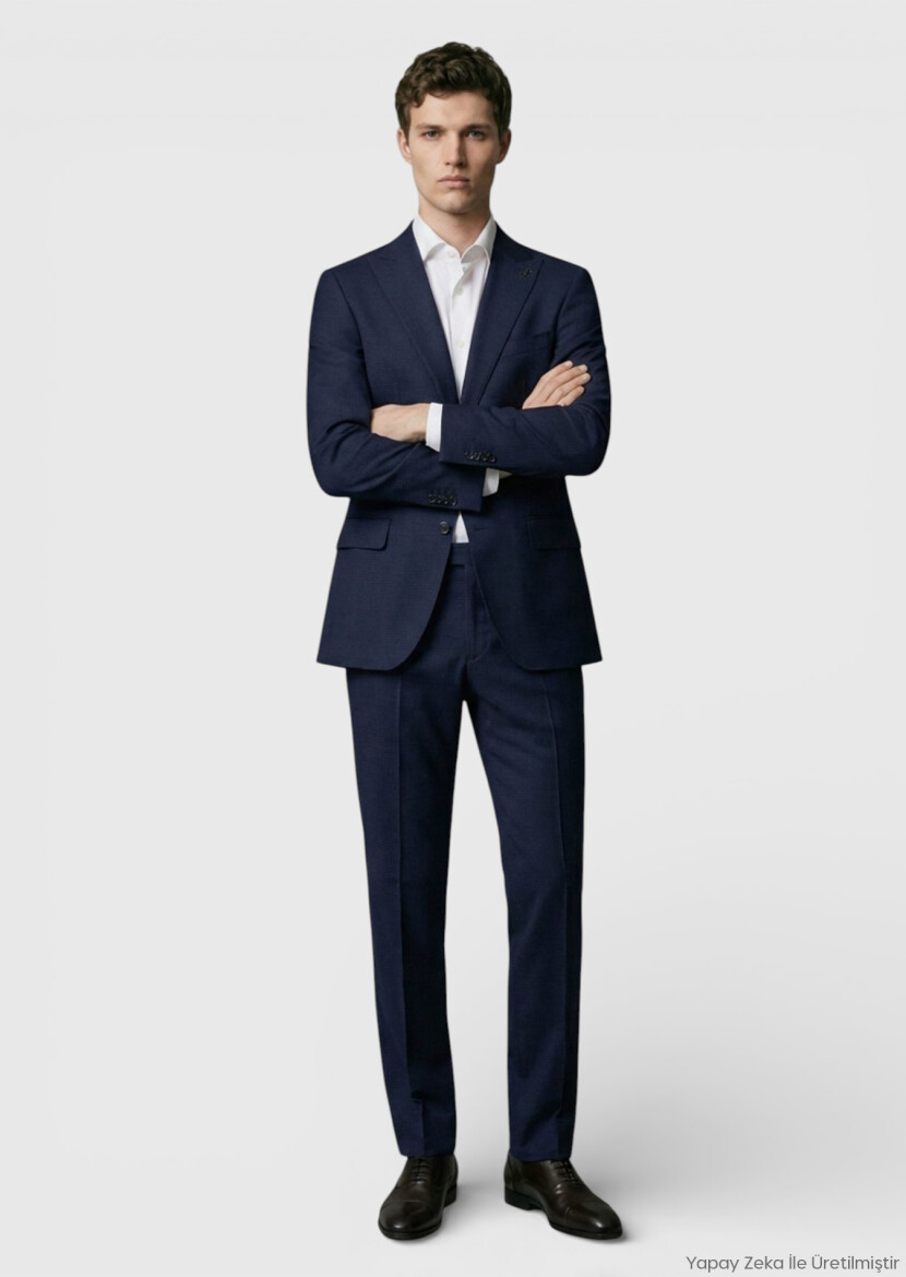 Lacivert Kareli Zeroweight Slim Fit %100 Yün Takım Elbise - RAMSEY