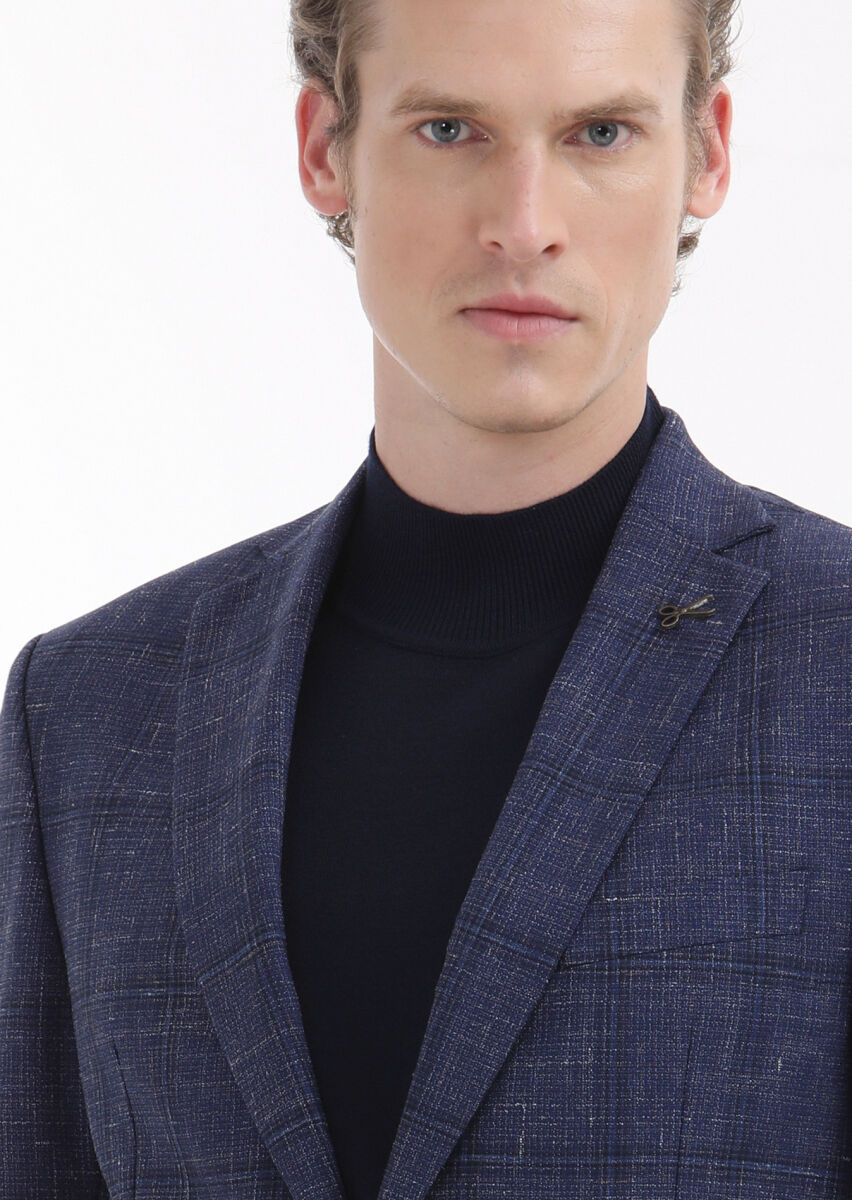 Lacivert Kareli Zeroweight Slim Fit İpek Karışımlı Ceket - 3