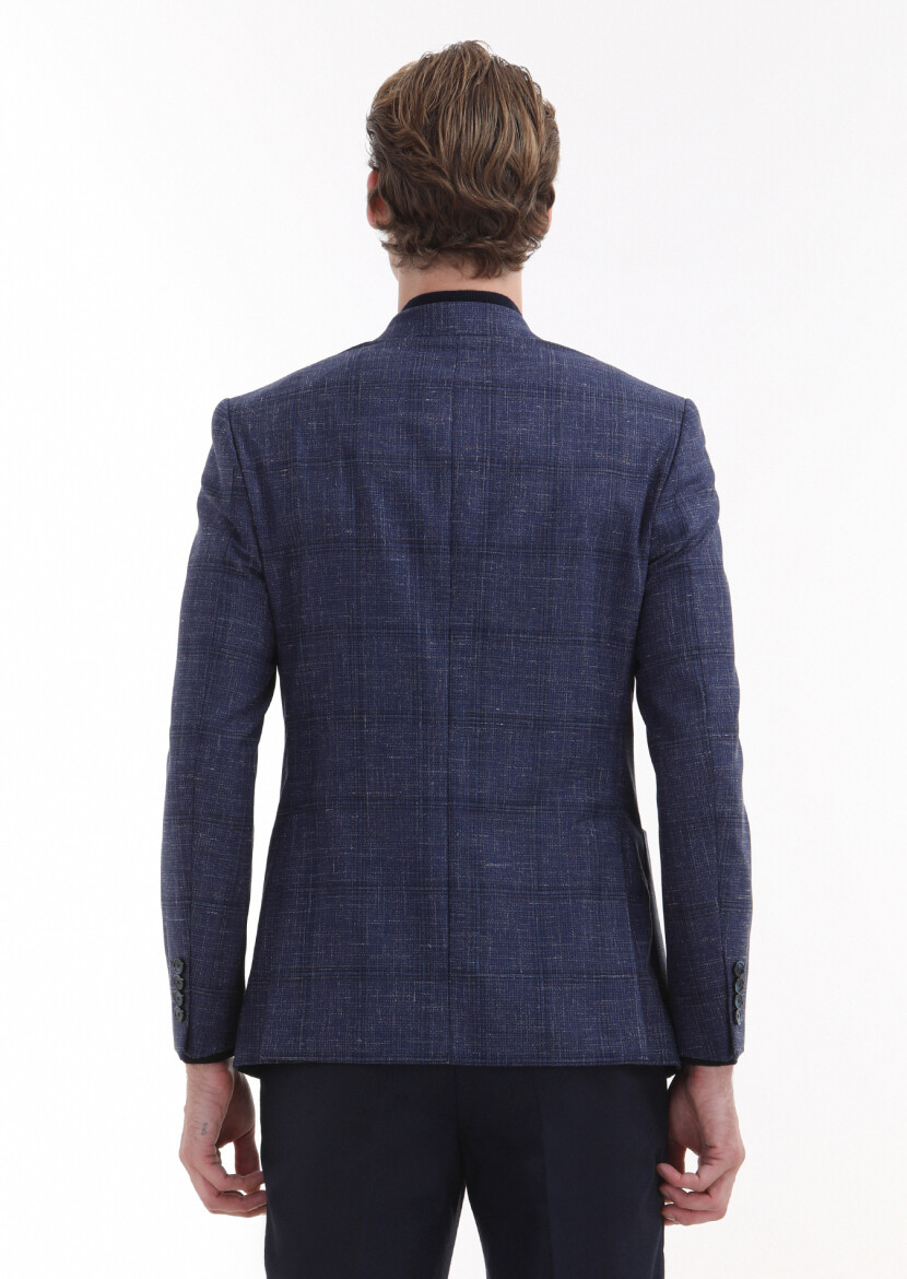 Lacivert Kareli Zeroweight Slim Fit İpek Karışımlı Ceket - 5