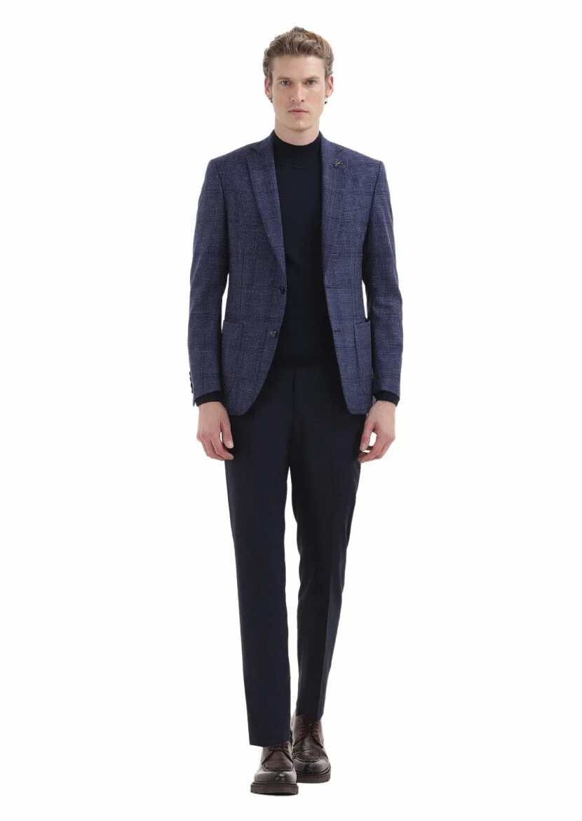 Lacivert Kareli Zeroweight Slim Fit İpek Karışımlı Ceket - 1