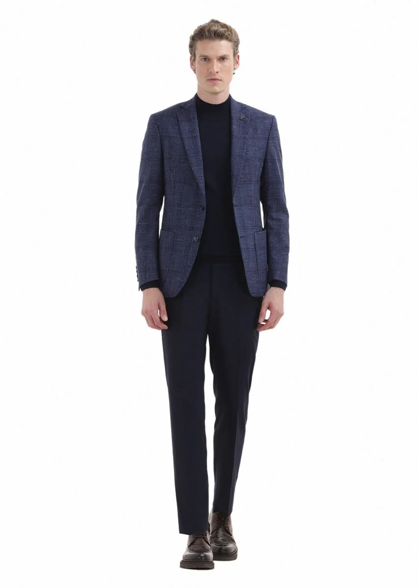 Lacivert Kareli Zeroweight Slim Fit İpek Karışımlı Ceket - 1
