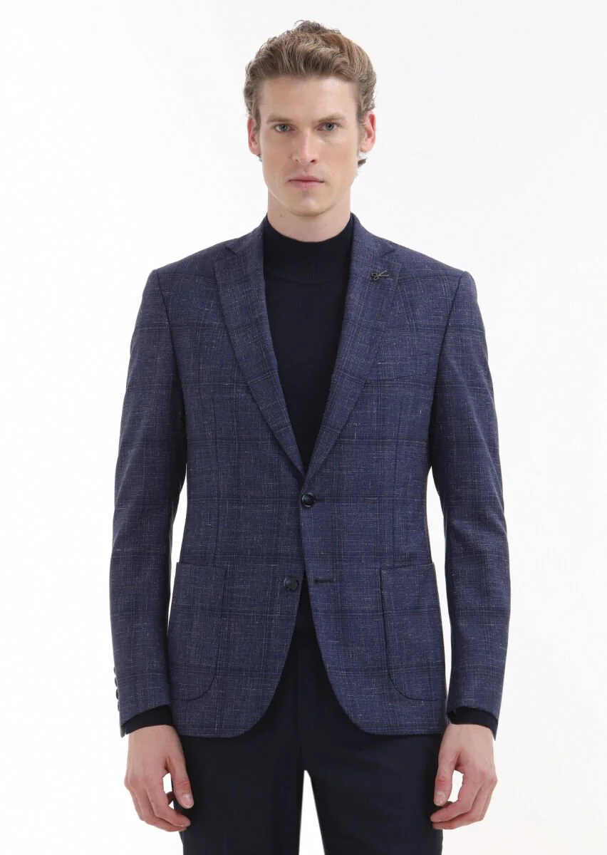 Lacivert Kareli Zeroweight Slim Fit İpek Karışımlı Ceket - 2