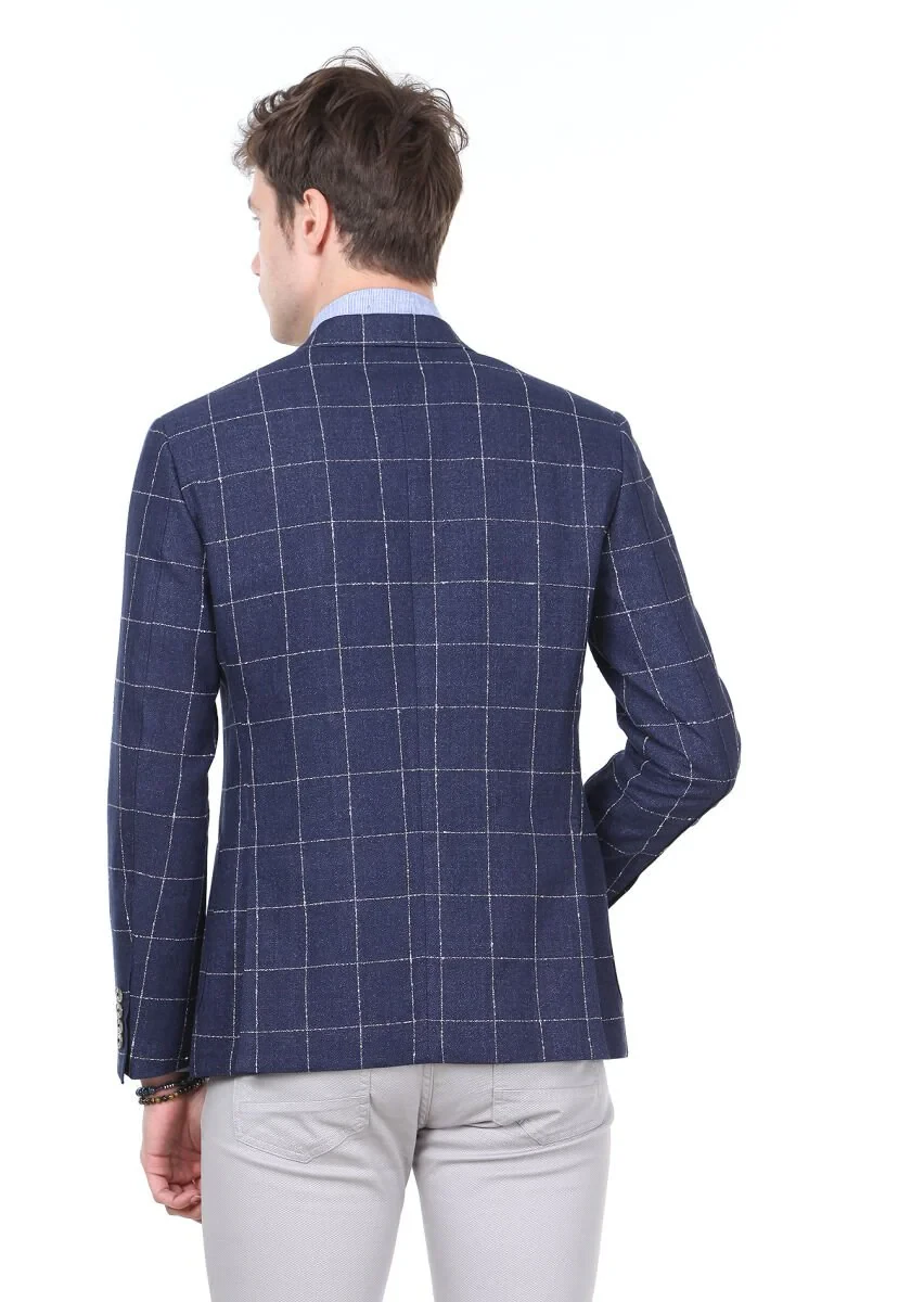 Lacivert Kareli Zeroweight Slim Fit Pamuk Karışımlı Ceket - 4