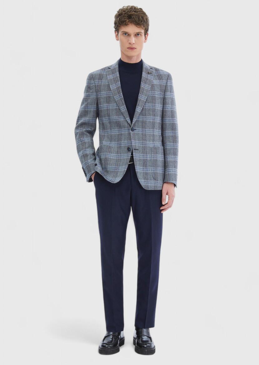 Lacivert Kareli Zeroweight Slim Fit Yün Karışımlı Ceket 