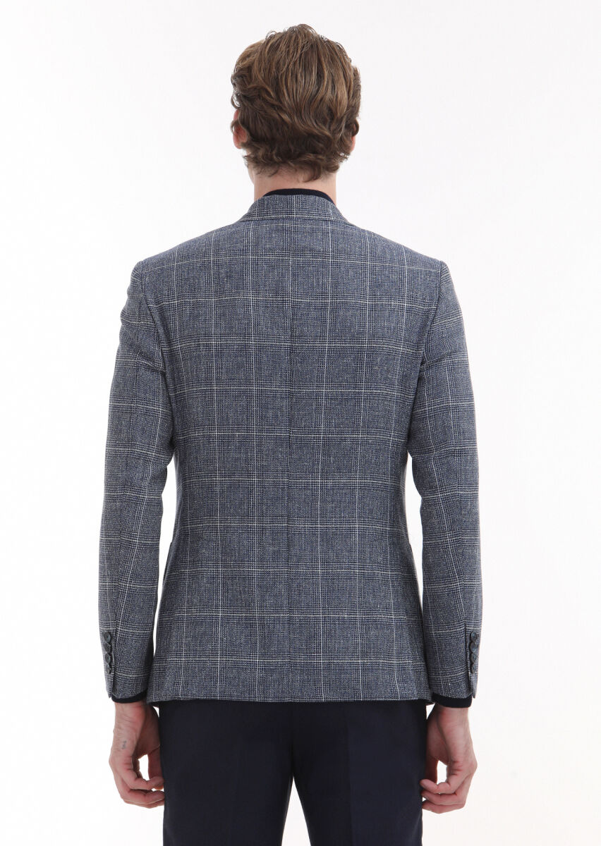 Lacivert Kareli Zeroweight Slim Fit Yün Karışımlı Ceket - 4