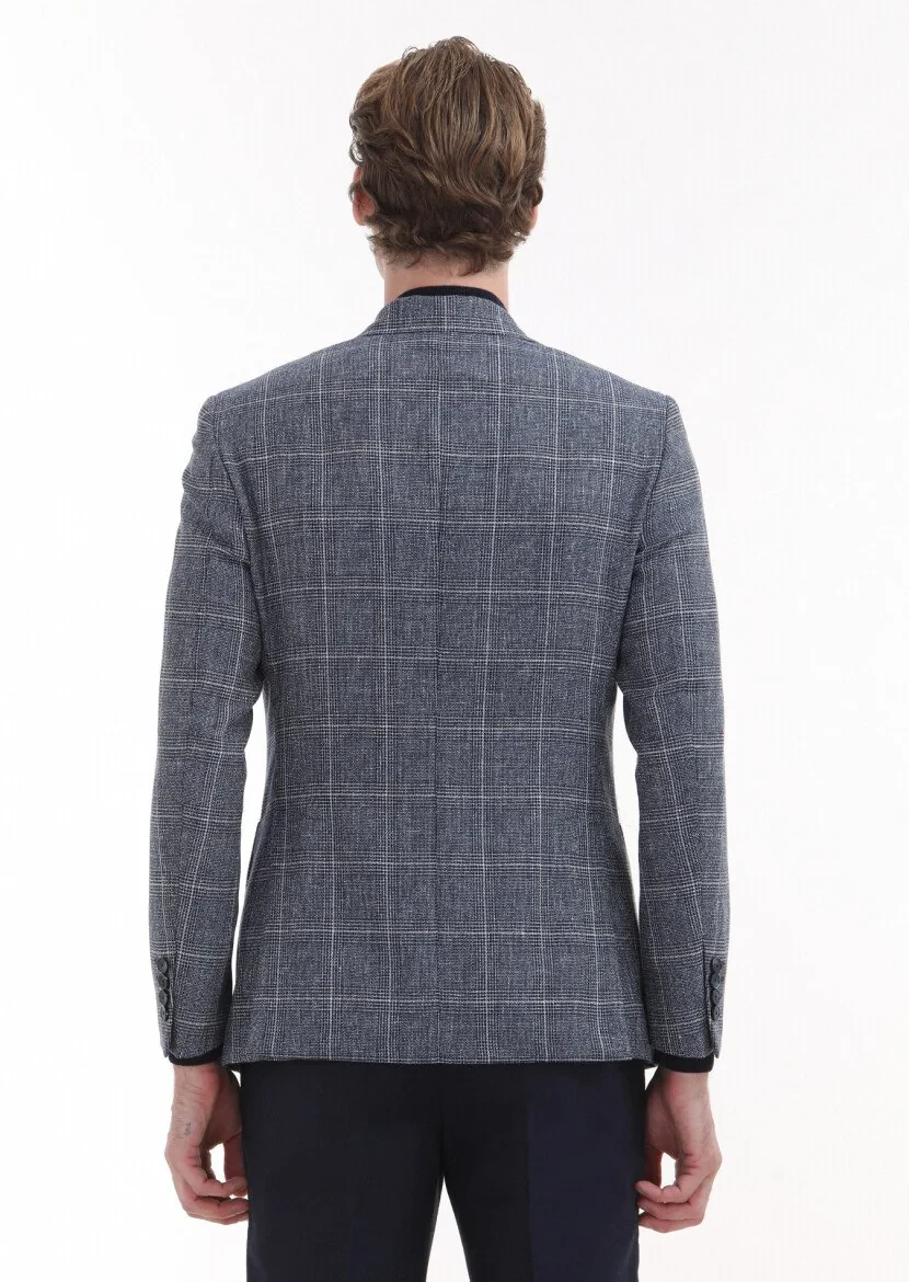 Lacivert Kareli Zeroweight Slim Fit Yün Karışımlı Ceket - 5