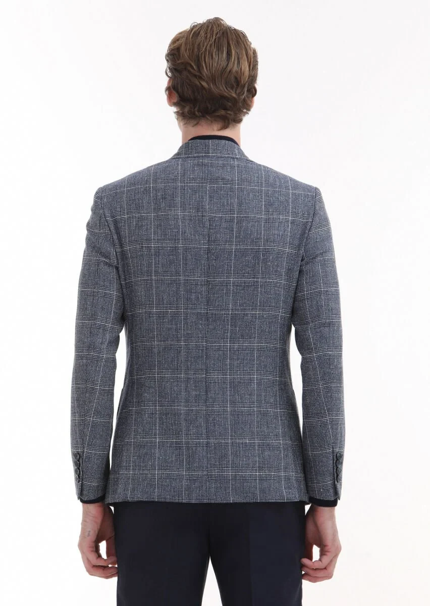Lacivert Kareli Zeroweight Slim Fit Yün Karışımlı Ceket - 5