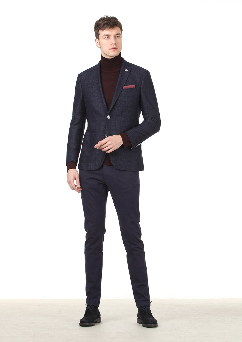 Lacivert Kareli Zeroweight Slim Fit Yün Karışımlı Örme Ceket - 3