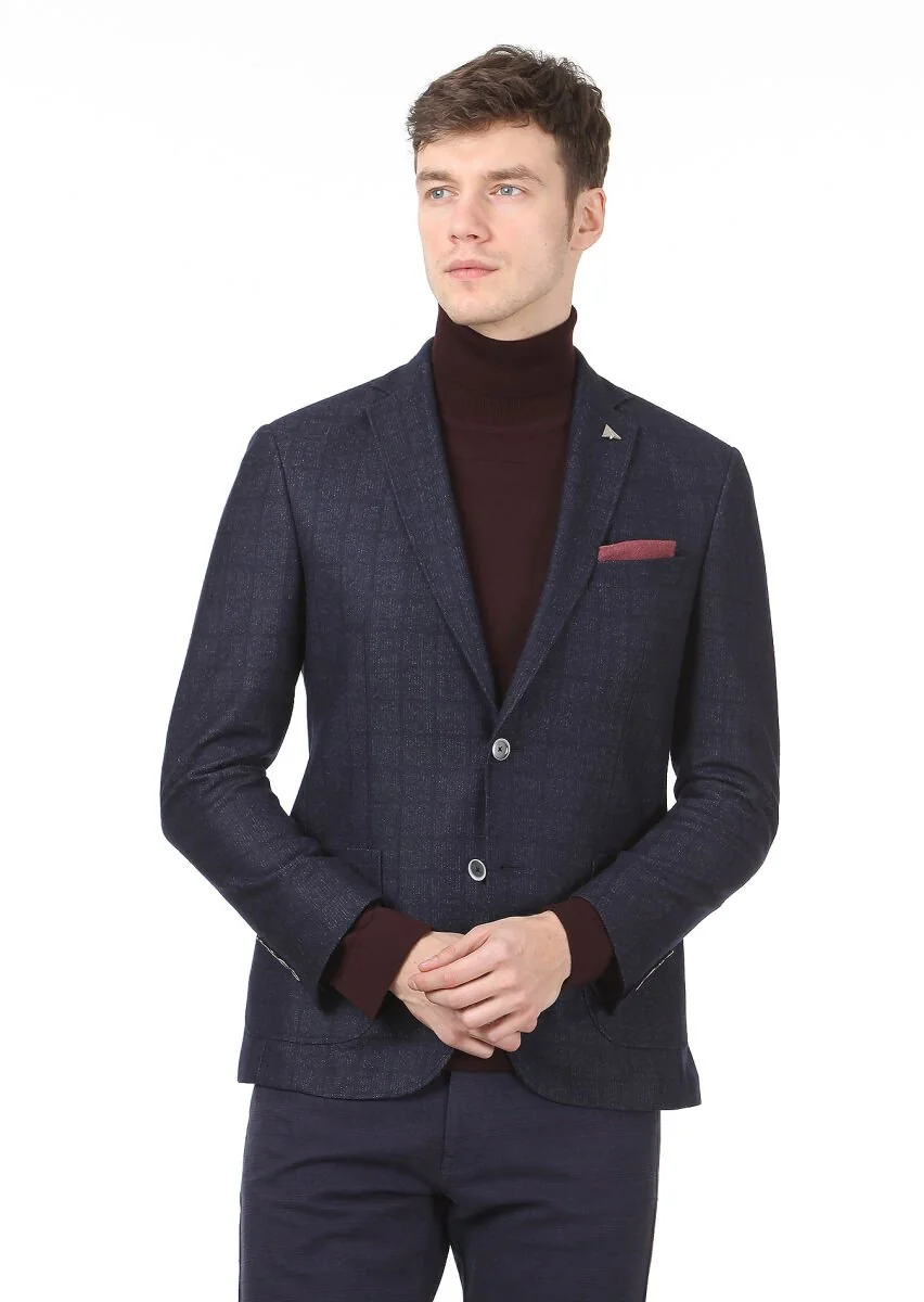 Lacivert Kareli Zeroweight Slim Fit Yün Karışımlı Örme Ceket - 1