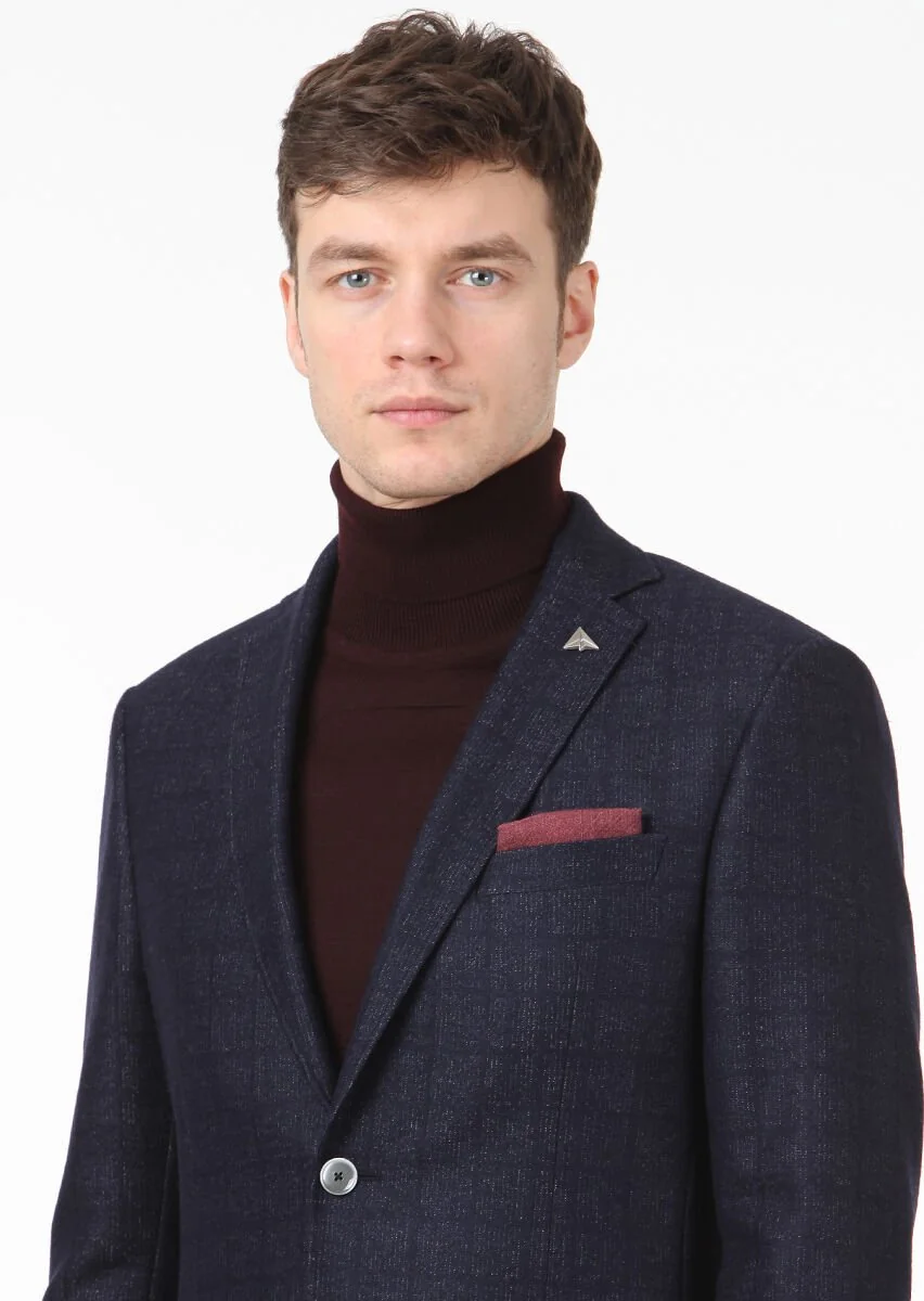 Lacivert Kareli Zeroweight Slim Fit Yün Karışımlı Örme Ceket - 2