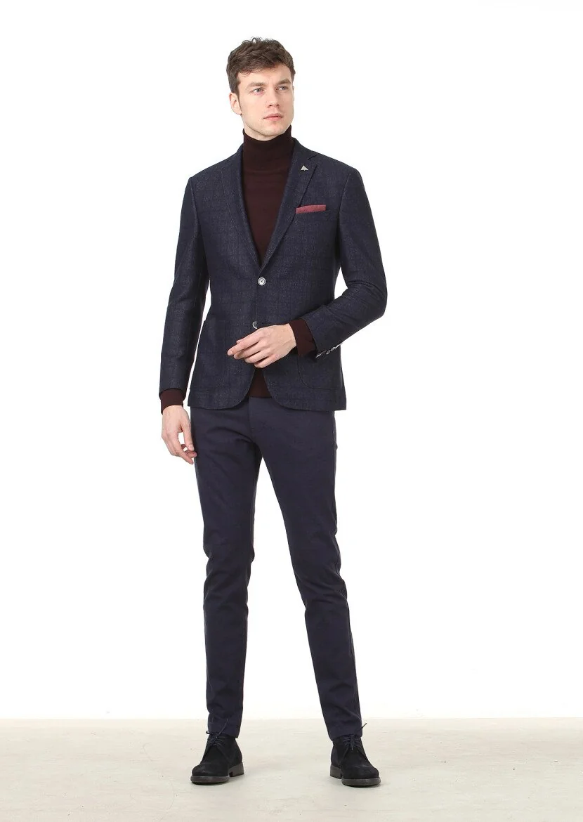 Lacivert Kareli Zeroweight Slim Fit Yün Karışımlı Örme Ceket - 3