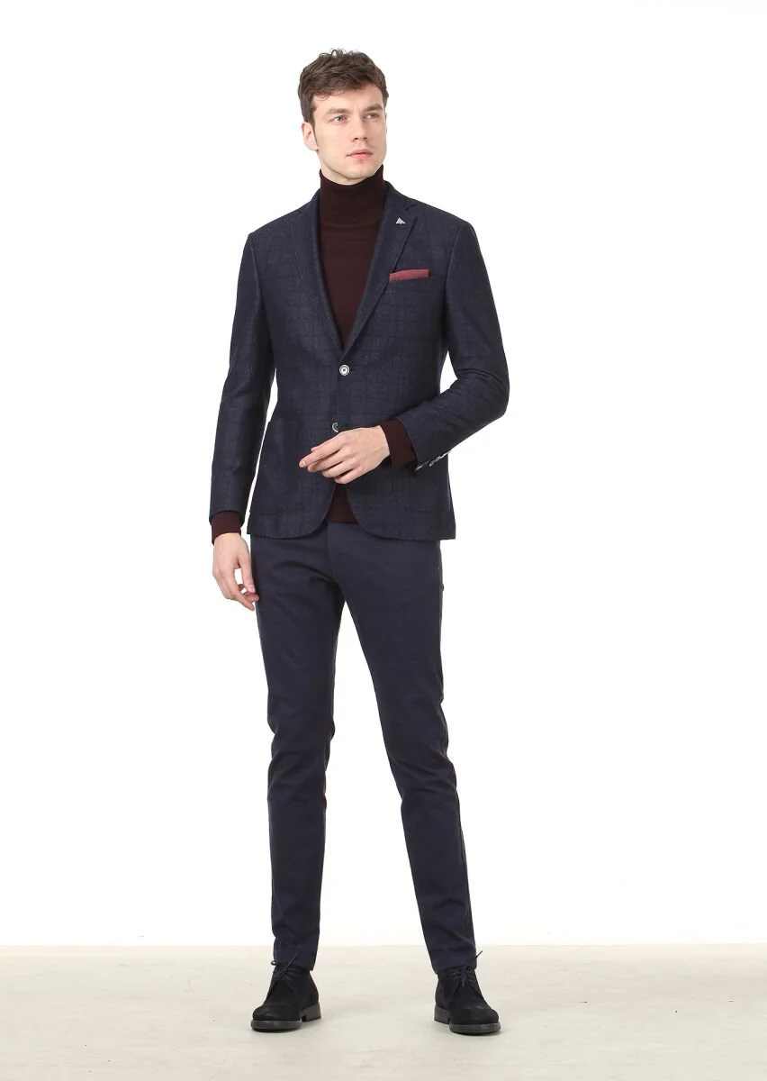 Lacivert Kareli Zeroweight Slim Fit Yün Karışımlı Örme Ceket - 3