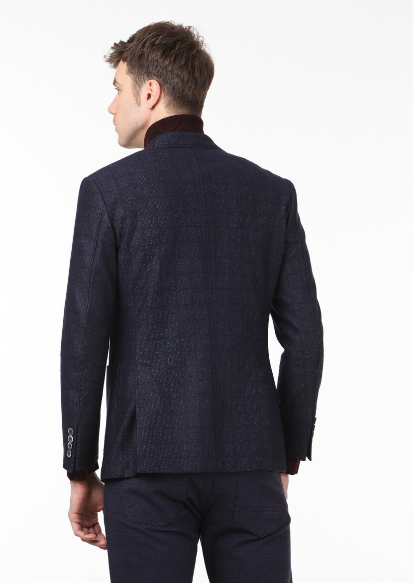 Lacivert Kareli Zeroweight Slim Fit Yün Karışımlı Örme Ceket - 4