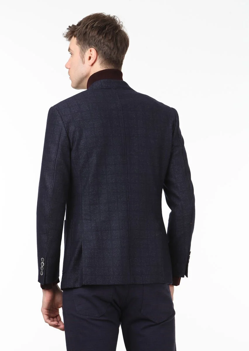 Lacivert Kareli Zeroweight Slim Fit Yün Karışımlı Örme Ceket - 4