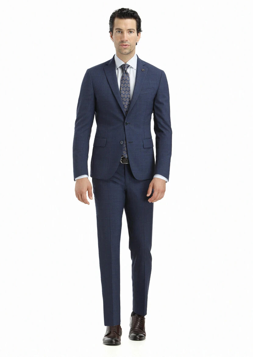 Lacivert Kareli Zeroweight Slim Fit Yün Karışımlı Takım Elbise - 1