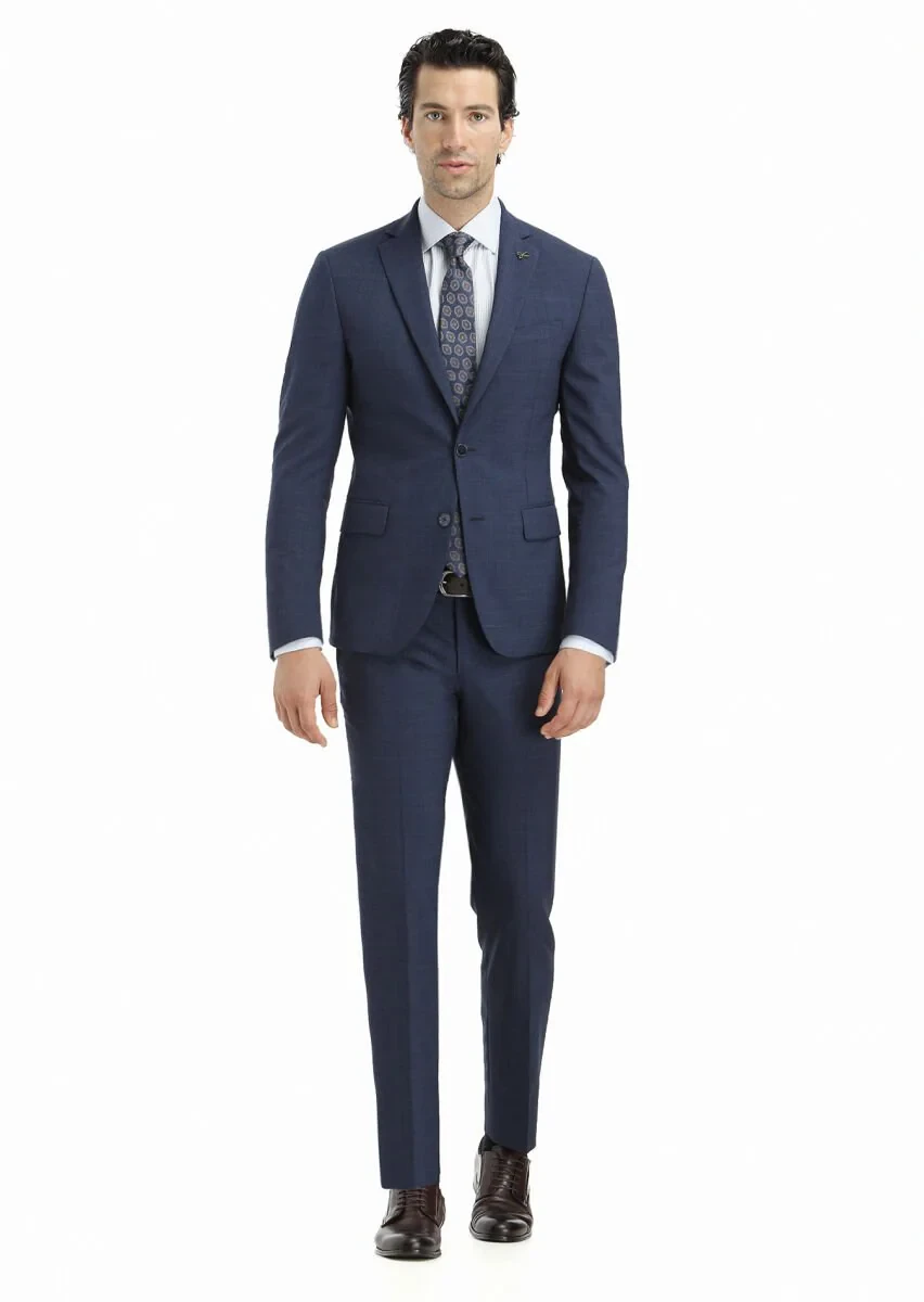Lacivert Kareli Zeroweight Slim Fit Yün Karışımlı Takım Elbise - 1