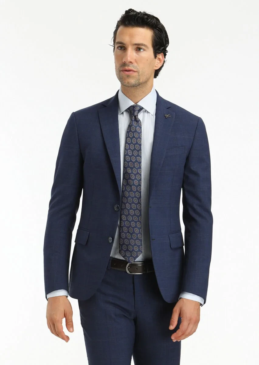 Lacivert Kareli Zeroweight Slim Fit Yün Karışımlı Takım Elbise - 3