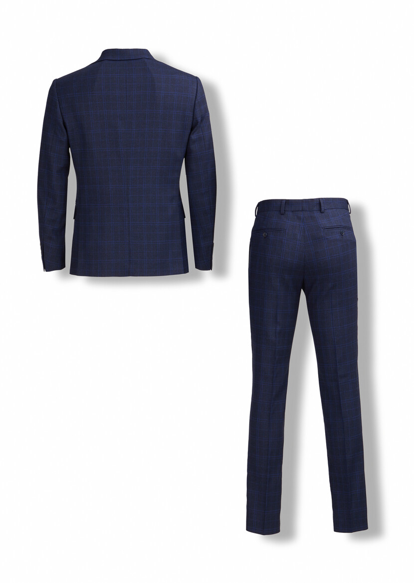 Lacivert Kareli Zeroweight Slim Fit Yün Karışımlı Takım Elbise - 4