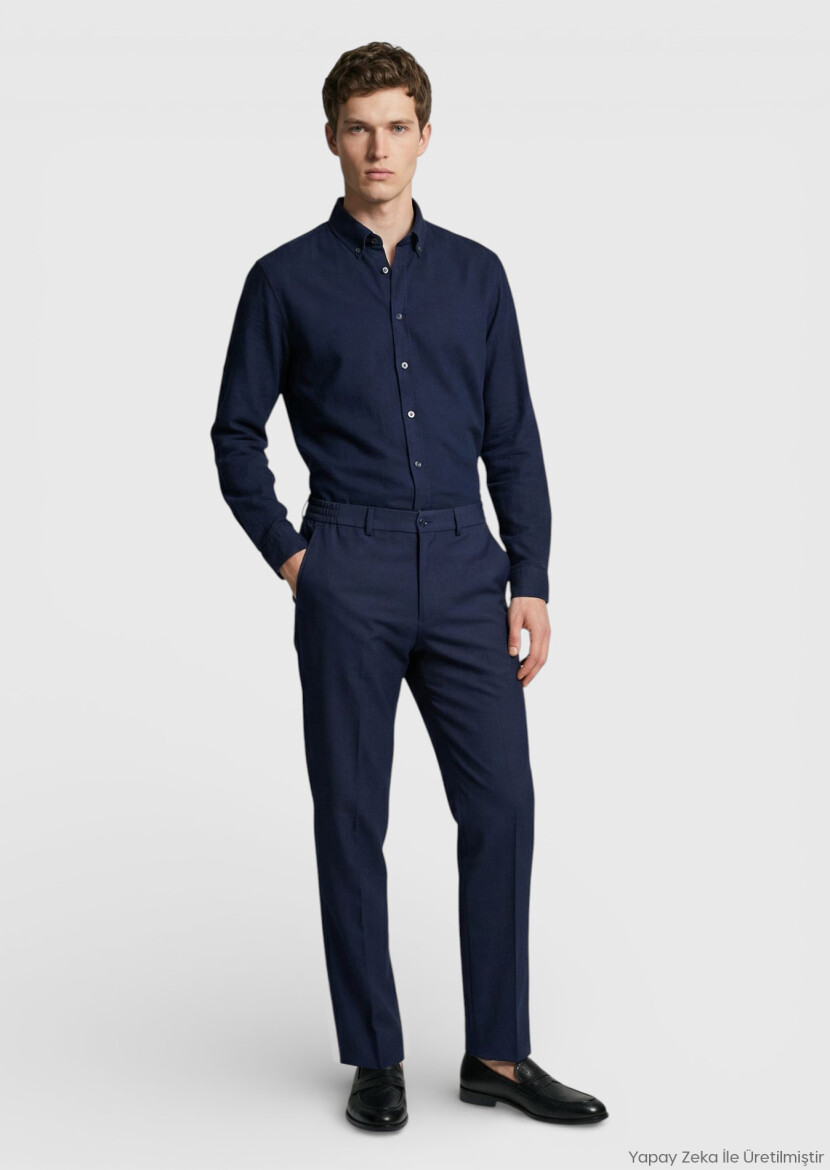 Lacivert Kumaş Comfort Fit Klasik %100 Yün Pantolon - RAMSEY