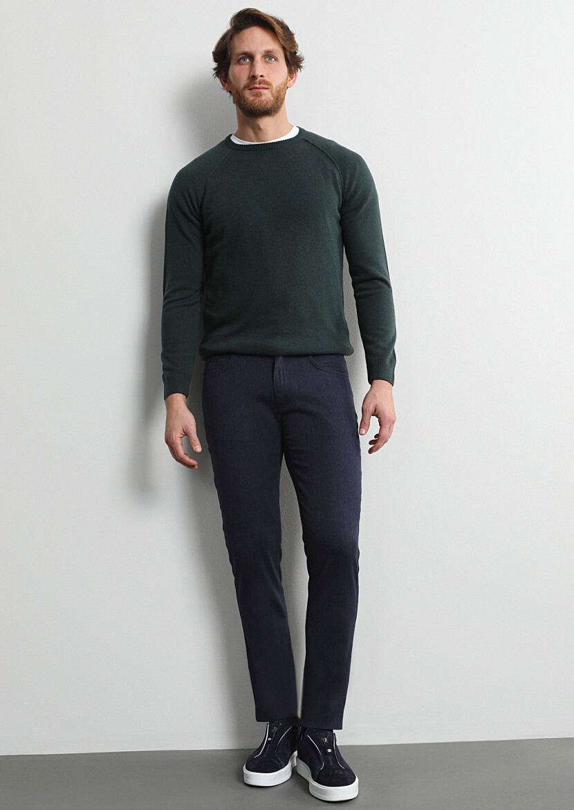 Lacivert Mikro Dokuma Slim Fit Casual Pamuk Karışımlı Pantolon - 3